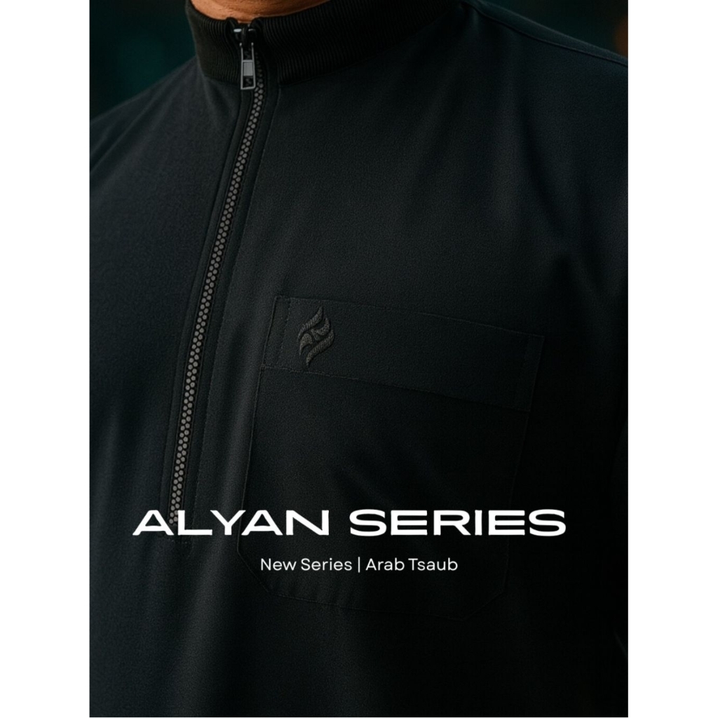 Jubah Pria ALYAN — Baju Muslim Lengan Pendek Kerah Kaos & Resleting Depan | ArabTsaub