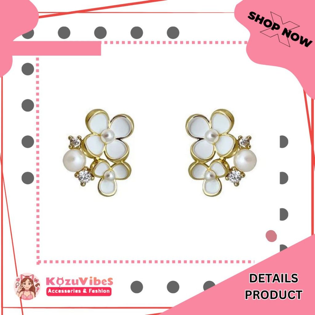 Kozuvibes Fresh Pearl Flower Earrings Anting Bunga Mutiara Kecil Stylish High-End Versatile
