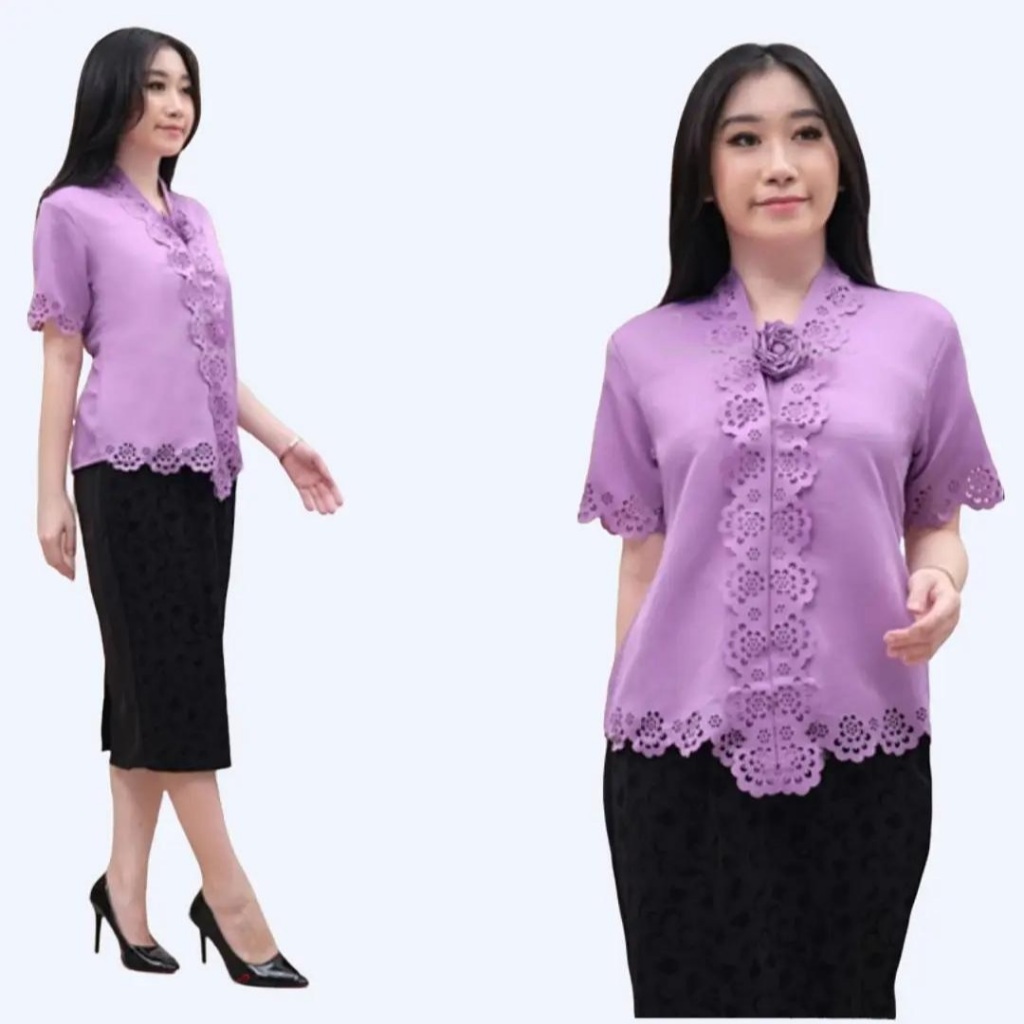 Kebaya Encim Senada Modern Lengan Pendek Bahan Katun Renda Warna Lilac