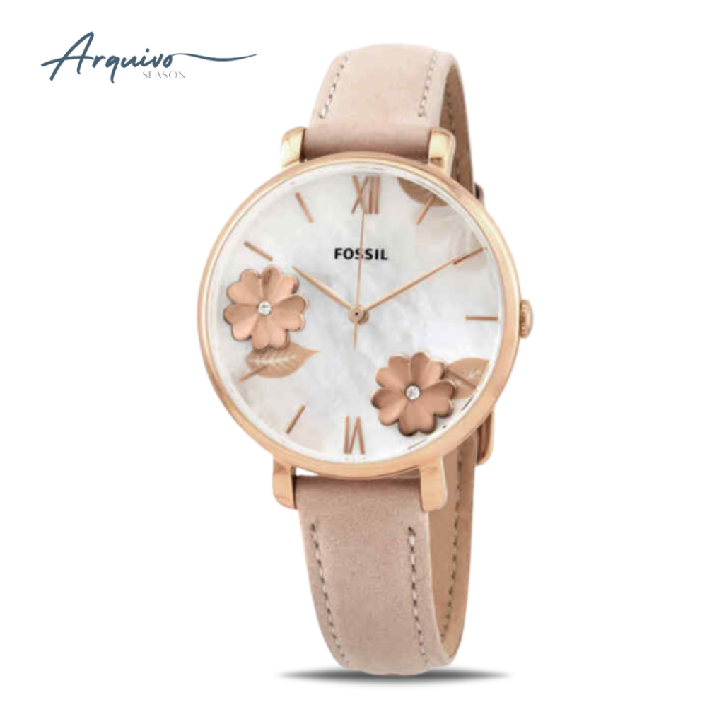 Jam Tangan Fossil Wanita Jacqueline Floral Dial Kulit Pink Casual Mewah Original ES4671