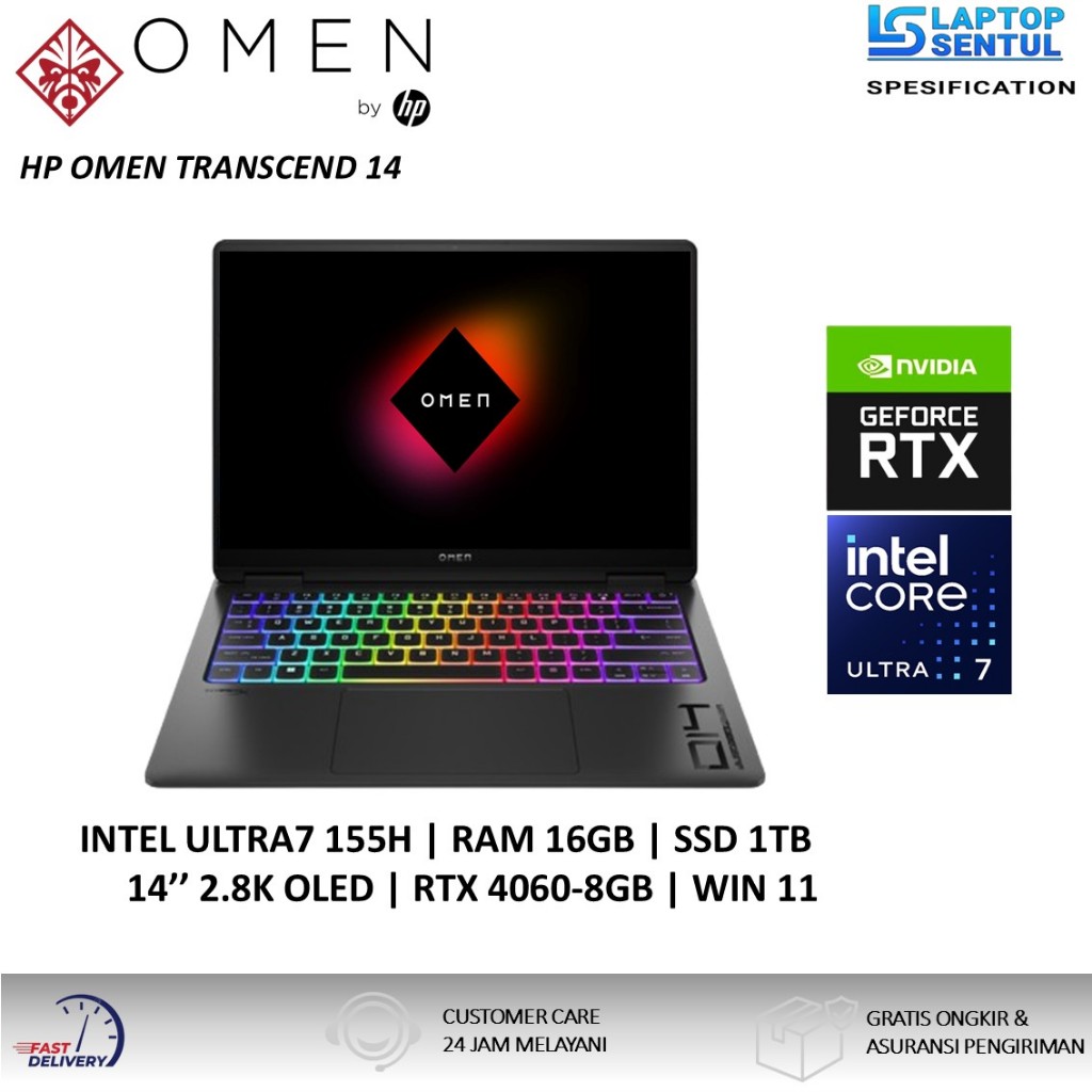 Laptop Gaming Hp Omen TransCend 14 Intel Ultra 7 155H  2TB SSD Nvidia RTX4060 2.8K OLED Black