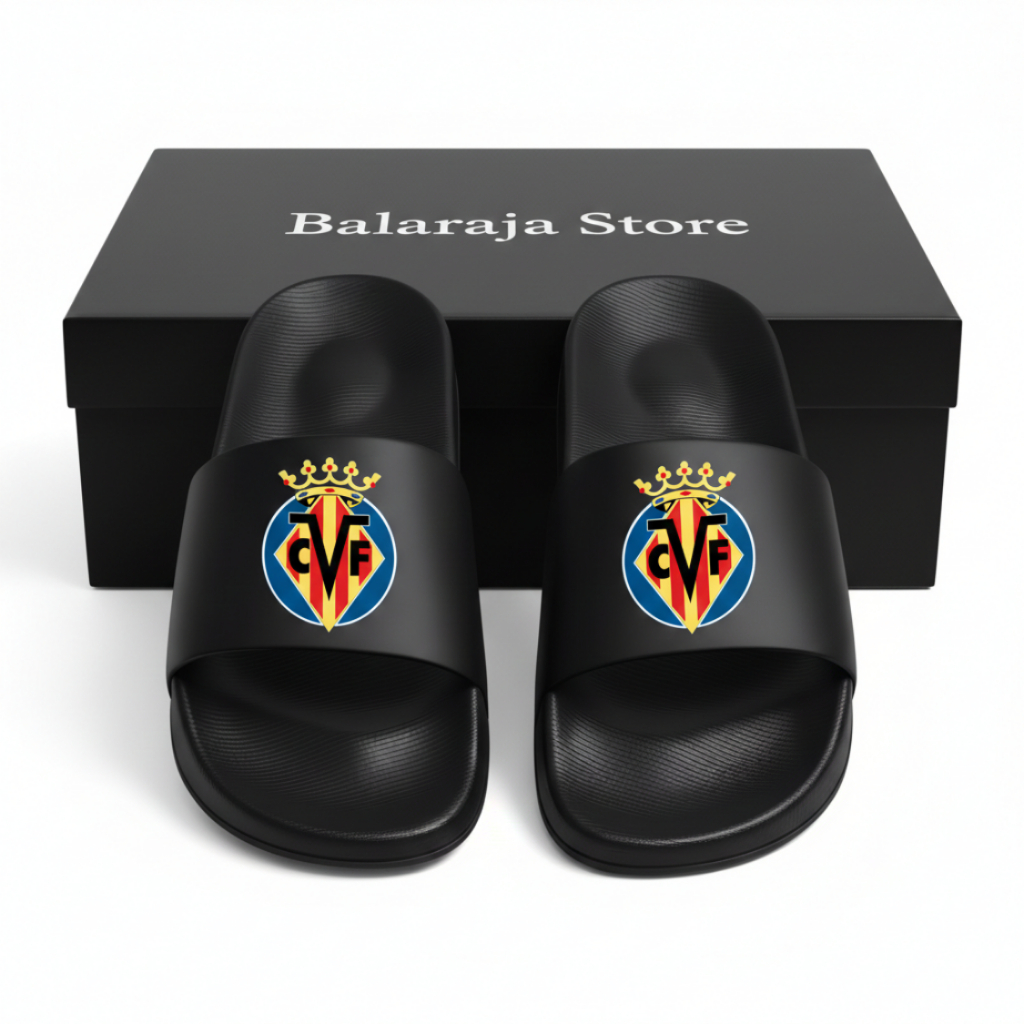 Sandal Selop Karet Anak Hitam 26-35 VILLAREAL LIGA SPANYOL Sandal Santai Casual Empuk Anti Slip