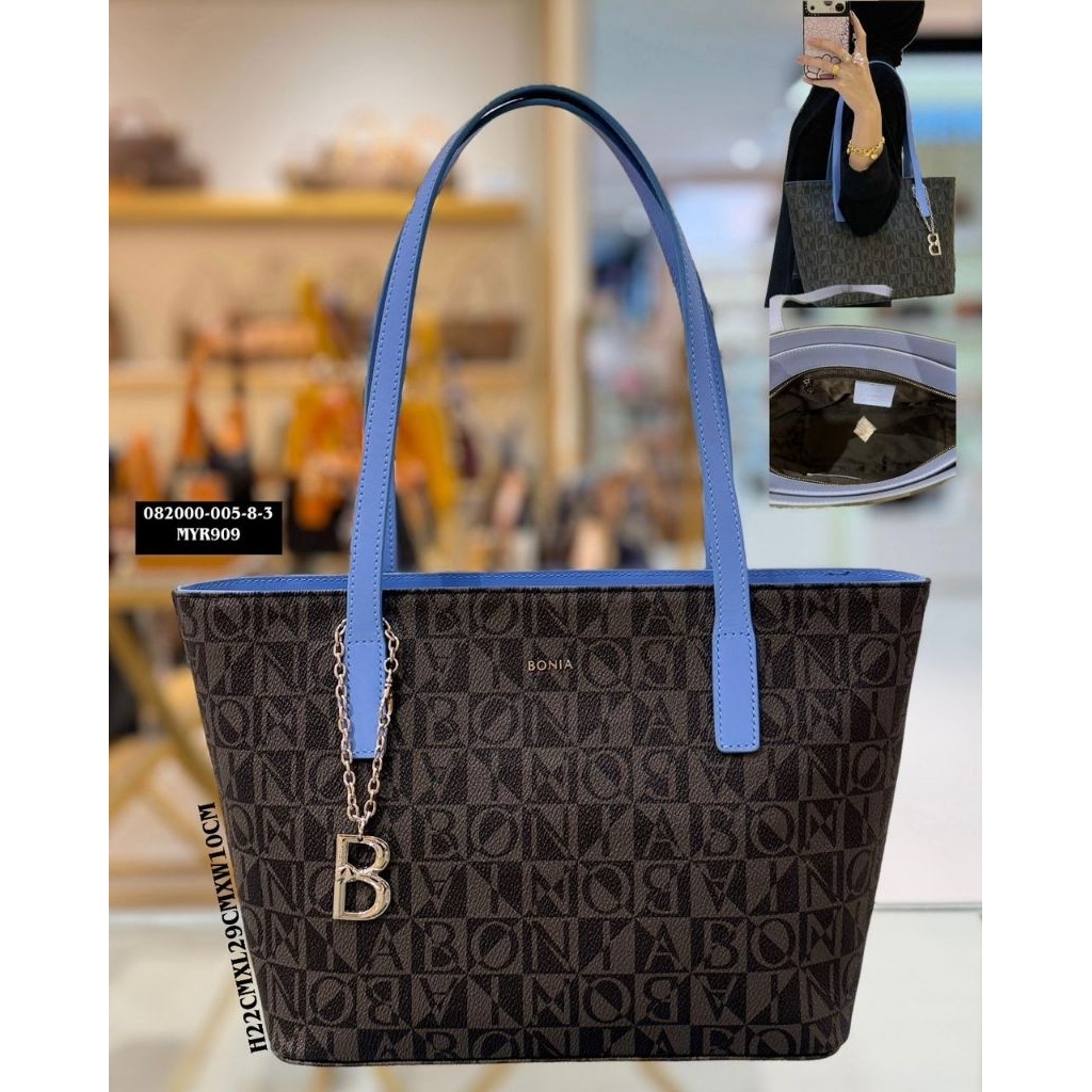 tas bonia original tote bag monogram hitam tali biru