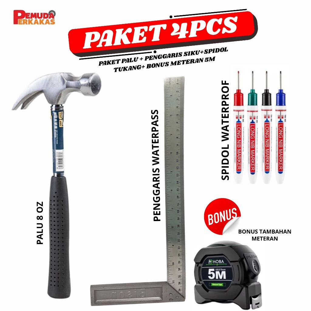PAKET 4 ITEM Penggaris Tukang Siku Mistar Multifungsi ada Waterpass + penggaris Siku Segitiga 7 Inch