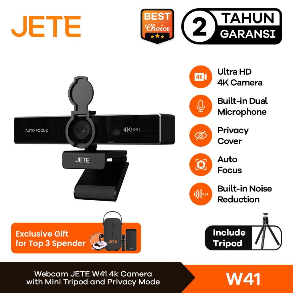 JETE W41 Webcam 4K UHD for Meeting Streaming with Mini Tripod Dual Mic Privacy Cover Garansi 2th