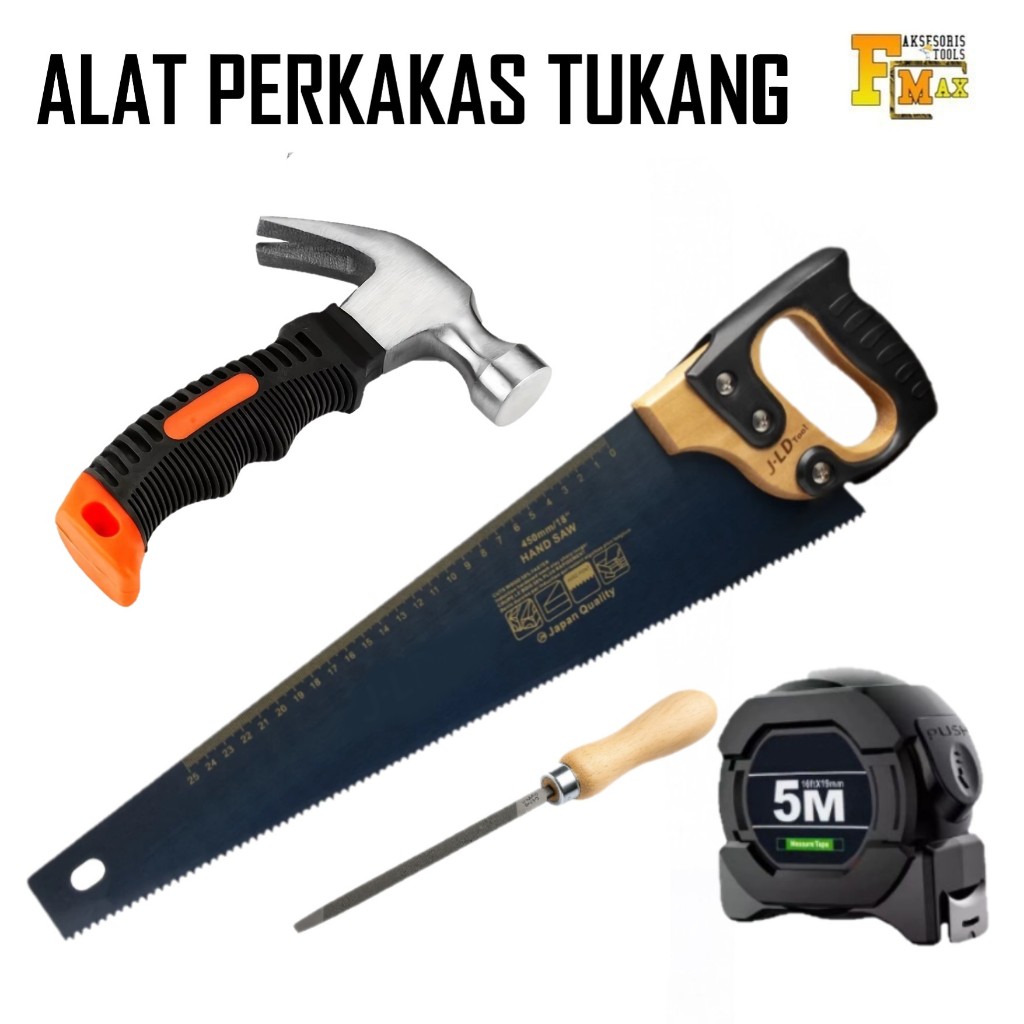 Paket Alat Tukang Lengkap 4in1 / Set Pertukangan/ Gergaji Kayu Kikir Palu Meteran