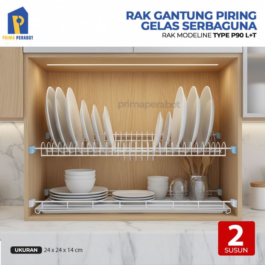 Rak Piring dan Gelas 86 cm Rak Gantung Lemari Dapur Lengkap Nampan 2 Susun P90 L+T Modelline