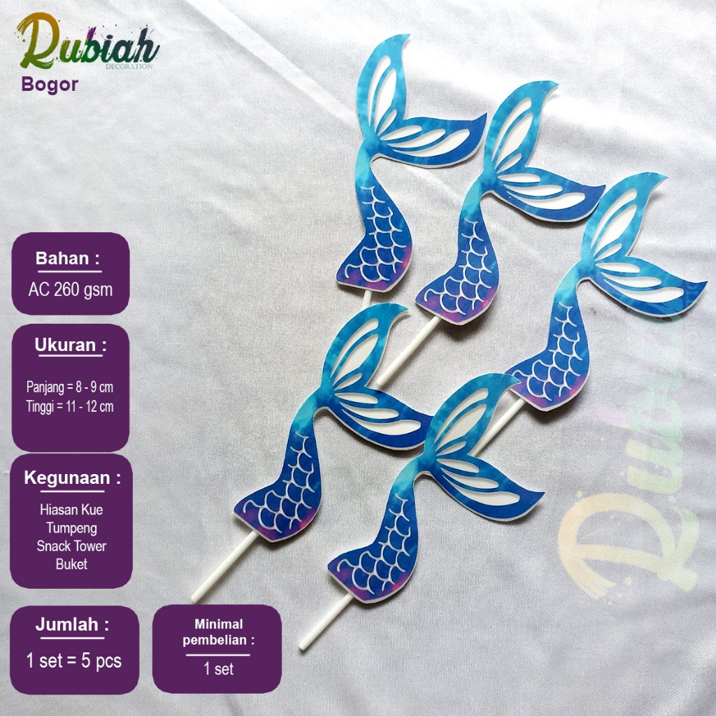 Banner Topper cake Hiasan Tusukan Kue Tart Ulang Tahun Anak Ekor Mermaid Biru