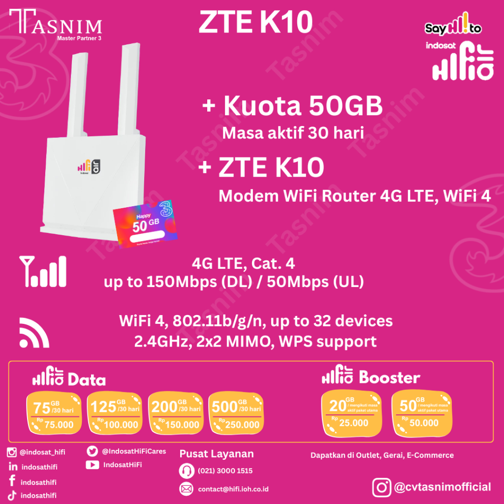Indosat HiFi Air ZTE K10 Wifi Modem 4G LTE + 50GB