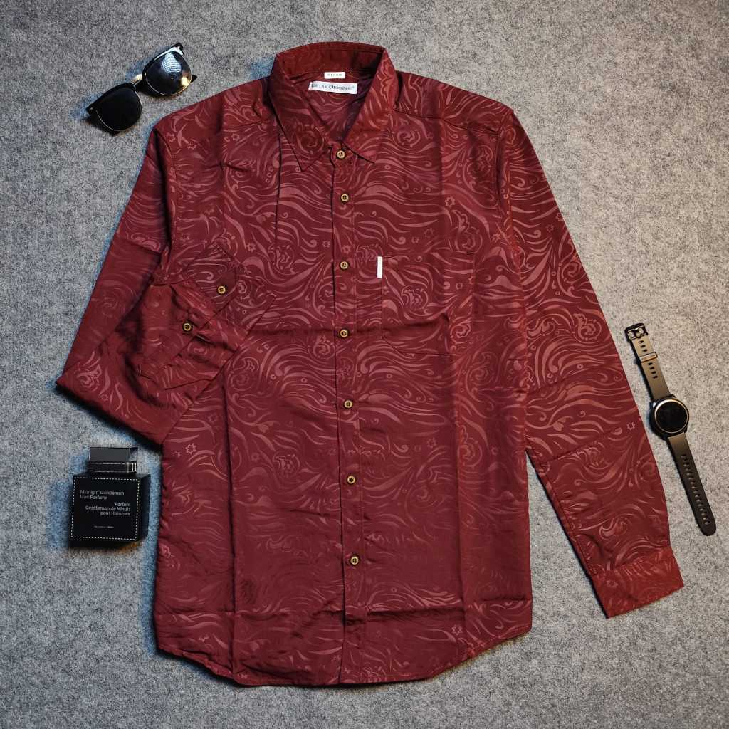 Detak Original Kemeja Embos Sultan Pria Lengan Panjang Yakuza Maroon Casual Slimfit