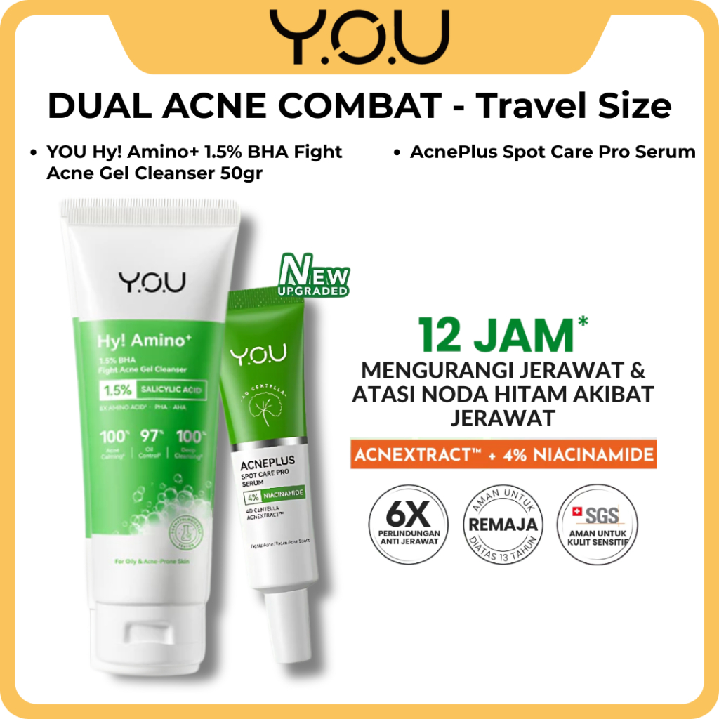 YOU Acne Bundle 2 in 1 Hy YOU Hy Amino+ 1.5% BHA Fight Acne Gel Cleanser YOU AcnePlus Spot Care Pro 