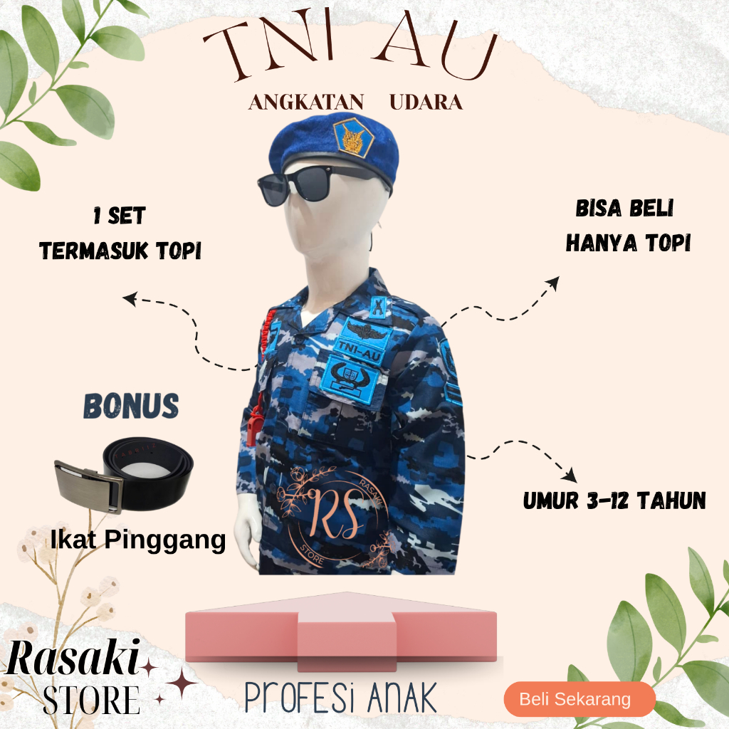 Baju Seragam TNI AU Doreng Anak Laki-Laki Perempuan 1 Set Baju Anak Model TNI Doreng Lengkap Dengan 