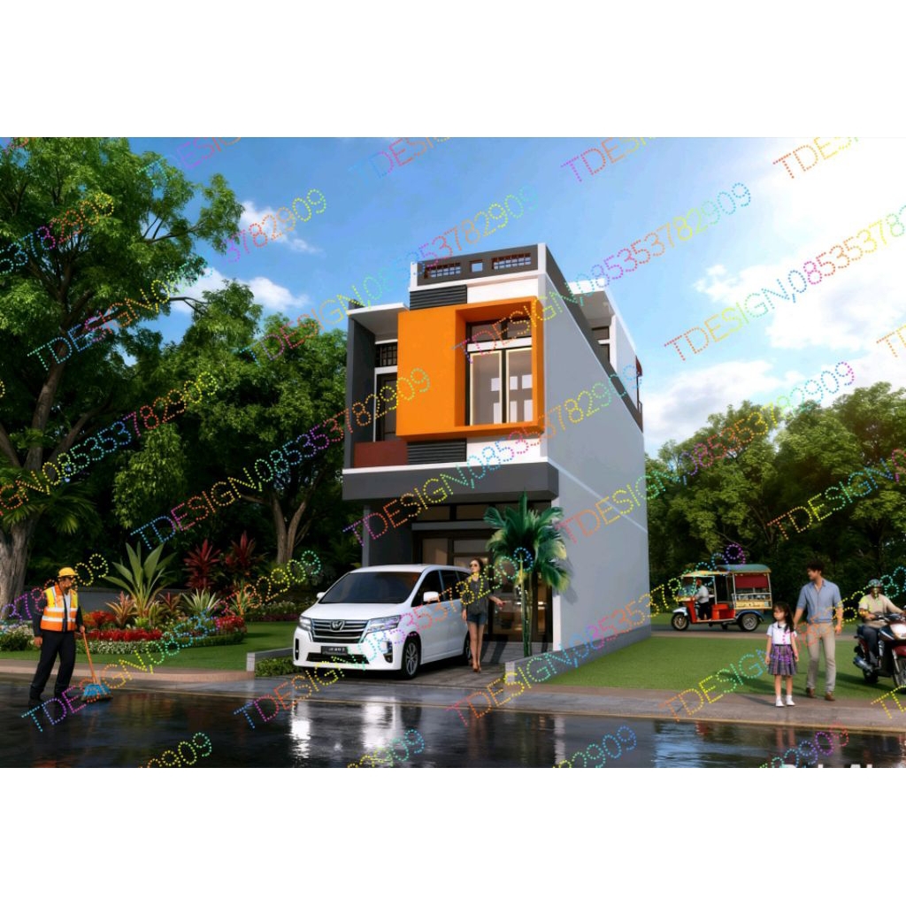 paket desain rumah 3d, desain rumah industrial 2.5 lantai rumah lebar 4.5 meter. jasa desain rumah. 