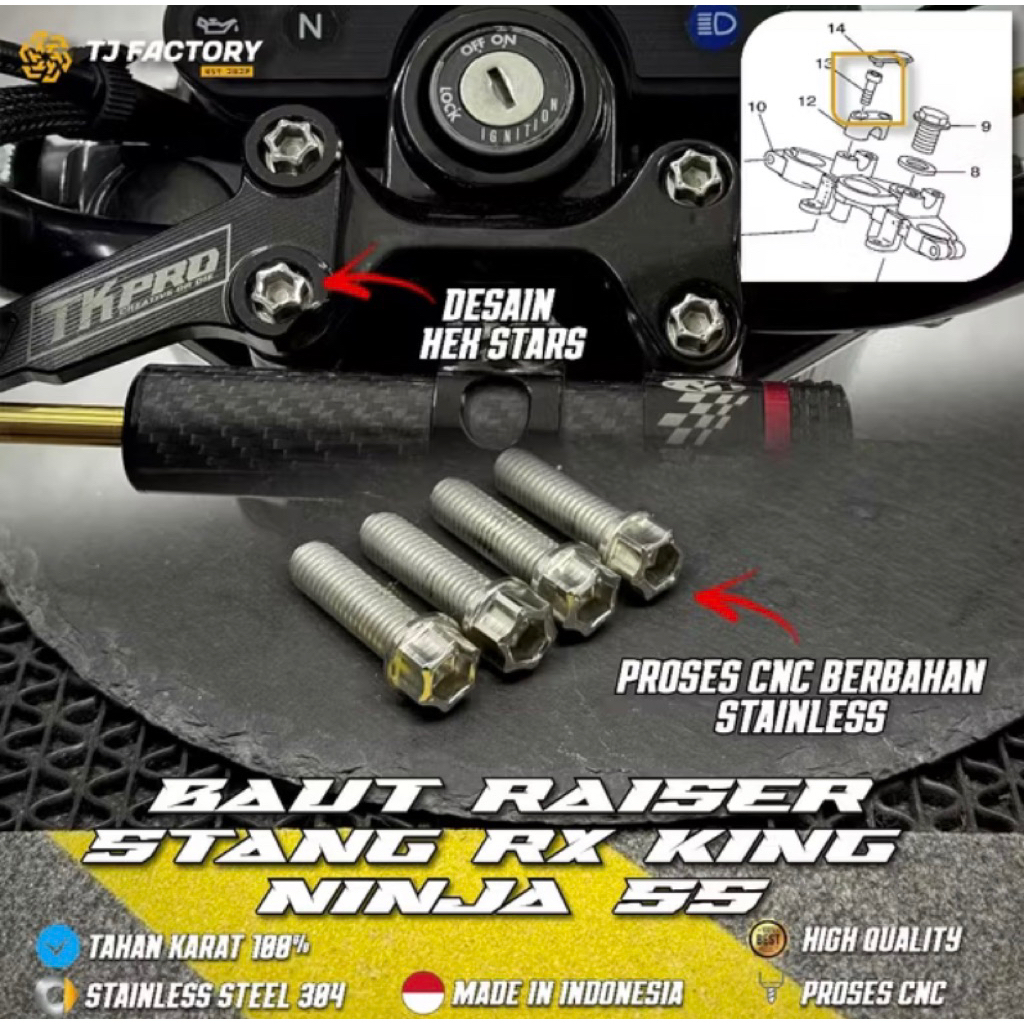 1 Set Baut Raiser Stang Klem Stang Rx-King Rxk Rxs Rxz Ninja Stainless 2 Kunci Cnc