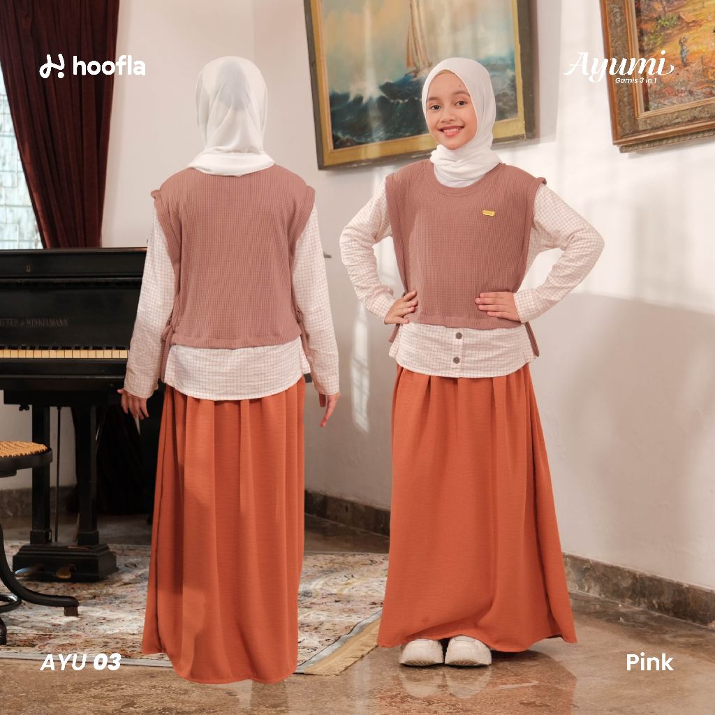 Hoofla Kids Ayumi Gamis Anak Perempuan Terbaru 3in1 Usia 3-12 Tahun Bahan Crinkle Premium Warna Nude