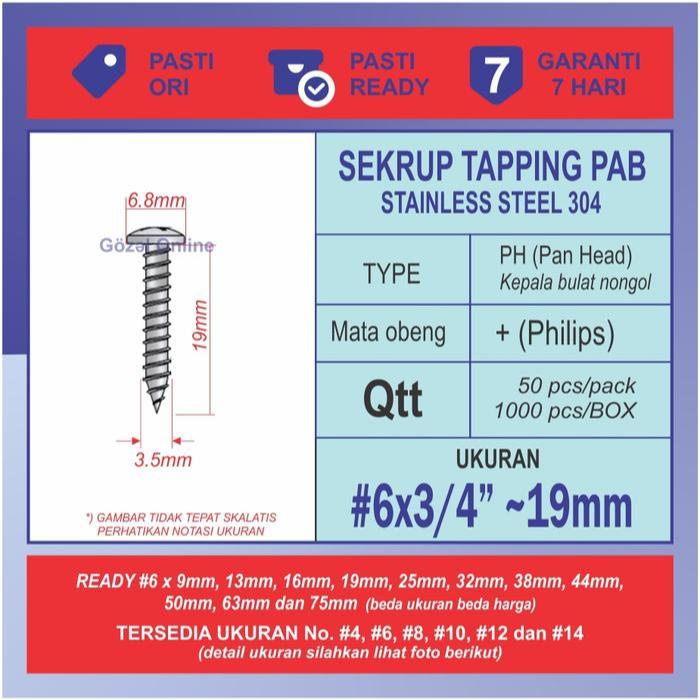 SALE Sekrup stainless PAB no. 6 x19mm - ST 3.5 x 3/4" - Tapping - 50pcs TERMURAH