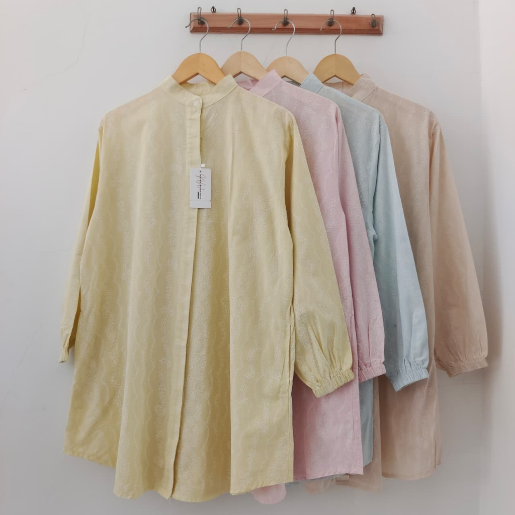 Tunik Wanita Motif Daun | Atasan Panjang Kerah Sanghai | Blouse Casual Bahan Tekstur Premium