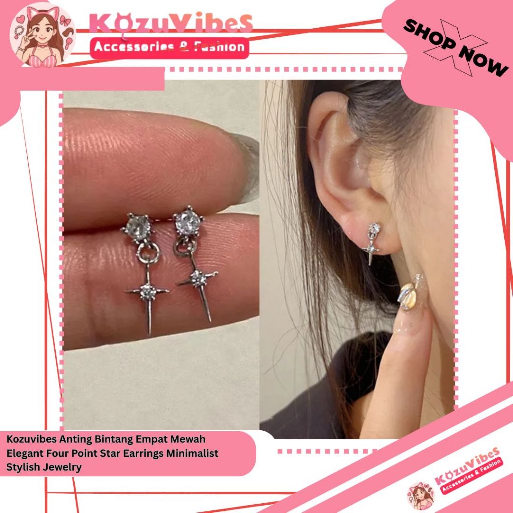 Kozuvibes  Anting Bintang Empat Mewah Elegant Four Point Star Earrings Minimalist Stylish Jewelry (Gold)