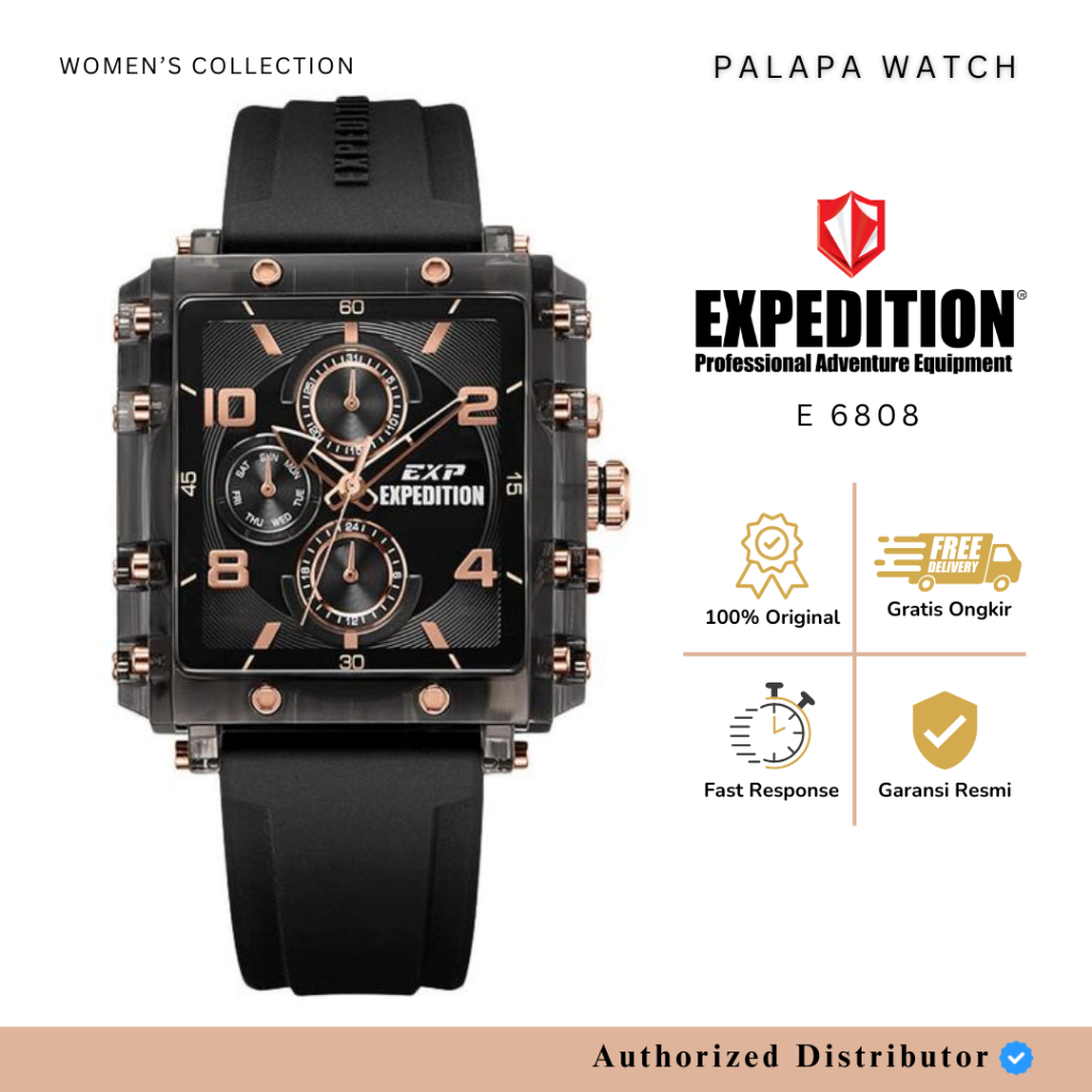 JAM TANGAN WANITA EXPEDITION E 6808 / E6808 FULL BLACK LIST ROSEGOLD RUBBER ORIGINAL