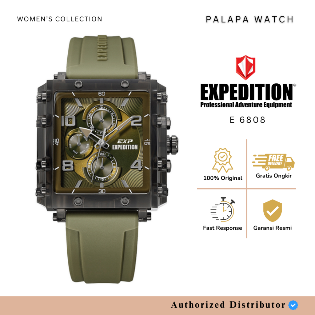 Jam Tangan Wanita Expedition E 6808 / E6808 Black Green Army Rubber Original