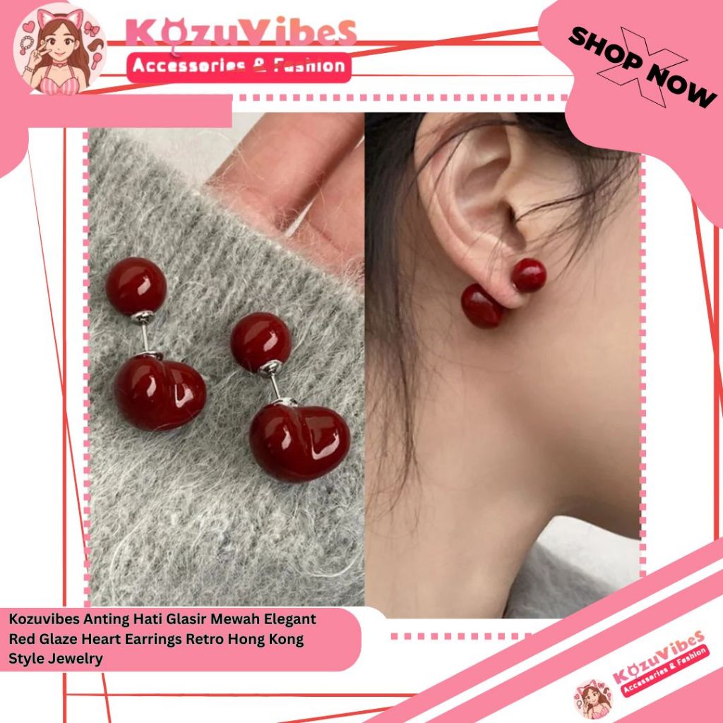 Kozuvibes Anting Hati Glasir Mewah Elegant Red Glaze Heart Earrings Retro Hong Kong Style Jewelry