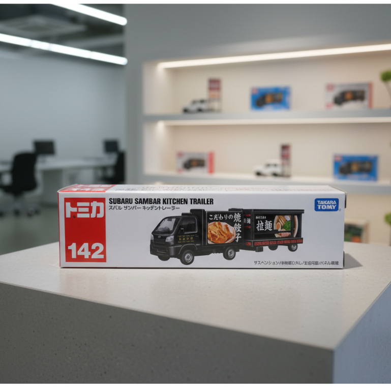 Tomica Long takara tomy no 142 Subaru Sambar kitchen trailer diecast miniatur mobil truk kontener ma