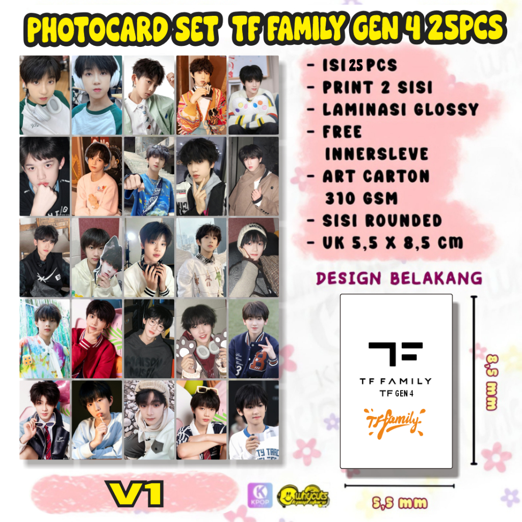Photocard Set TF Family Gen4 25Pc Bowen Yiheng Junming Qihan Guiyuan 2 sisi laminasi glossy