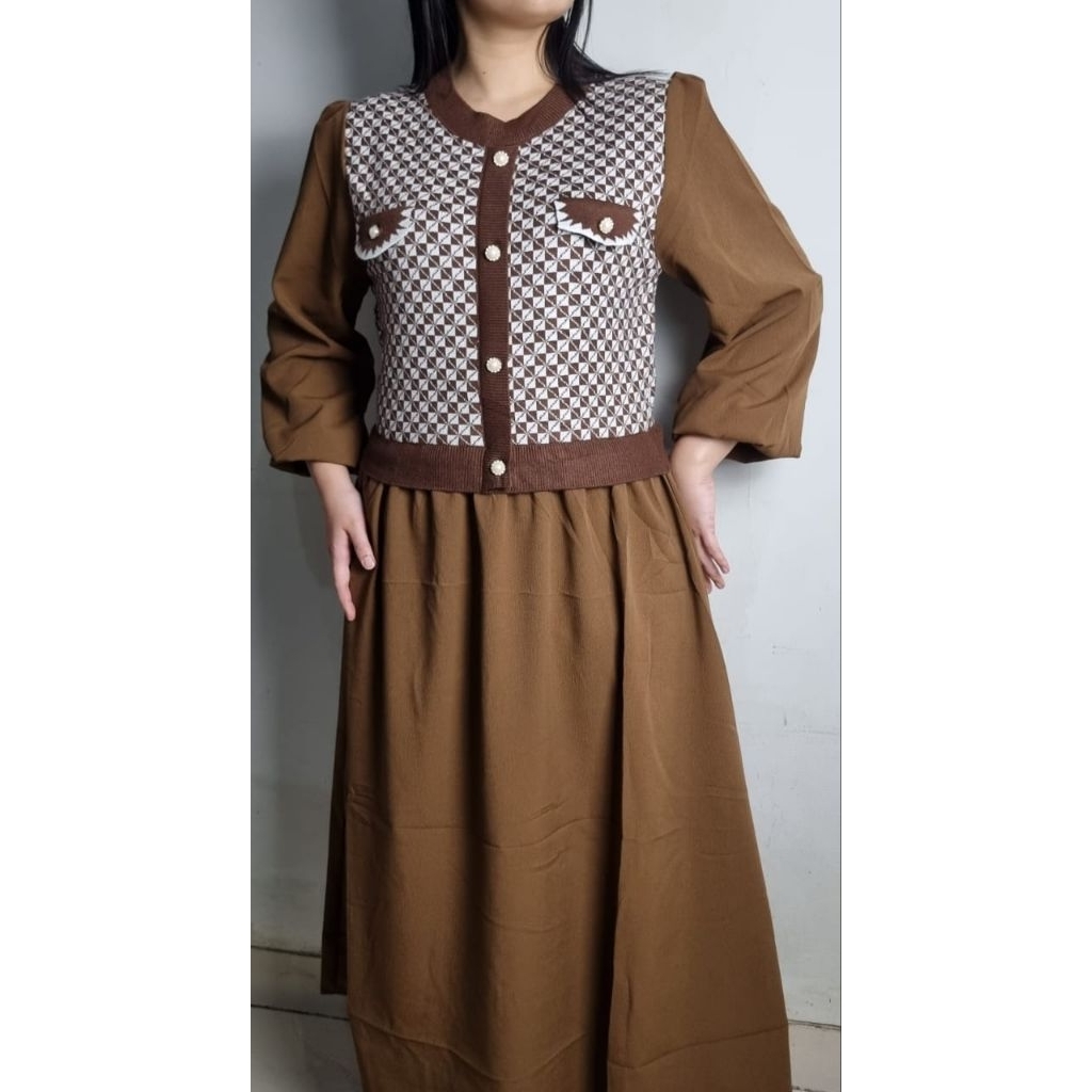 Maxi Dress/Gamis Rompi Rajut + Crinkle Airflow Variasi Kancing Pearl #603