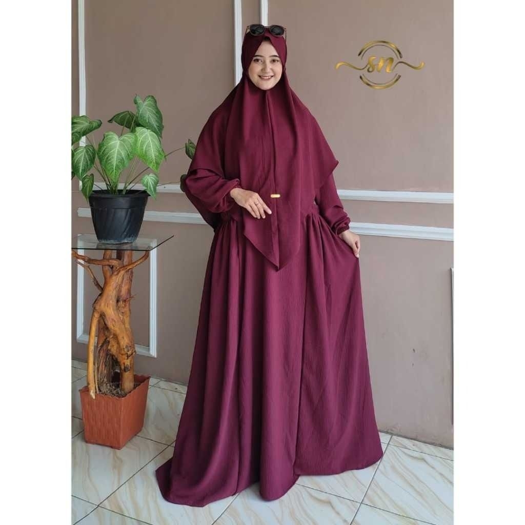 Safirah 5 - (Free Hijab) Baju Gamis Wanita Syari Crinkel airflow Polos Jumbo Set Hijab L XL XXL warn