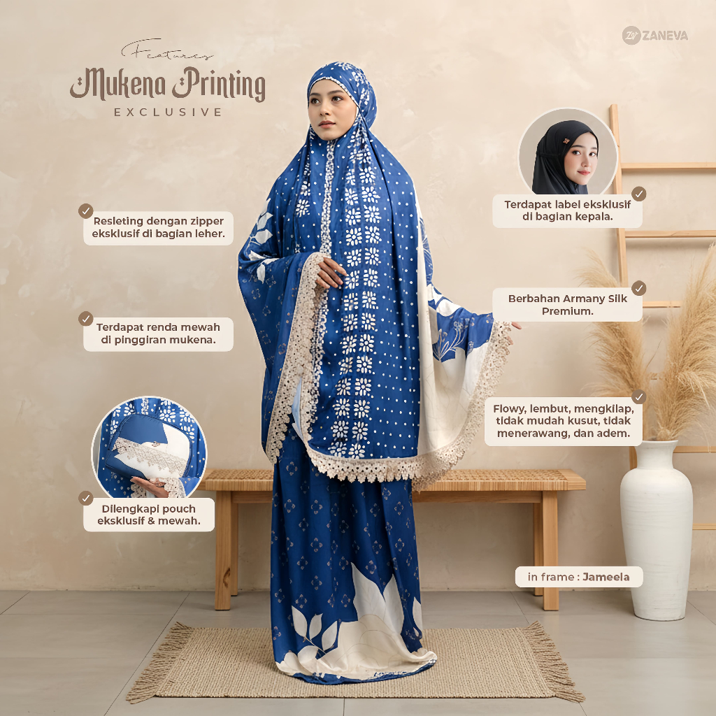 ZANEVA HIJAB - Mukena Printing Exclusive Armany Silk Premium | Mukena Renda Mewah 2in1 Bonus Pouch