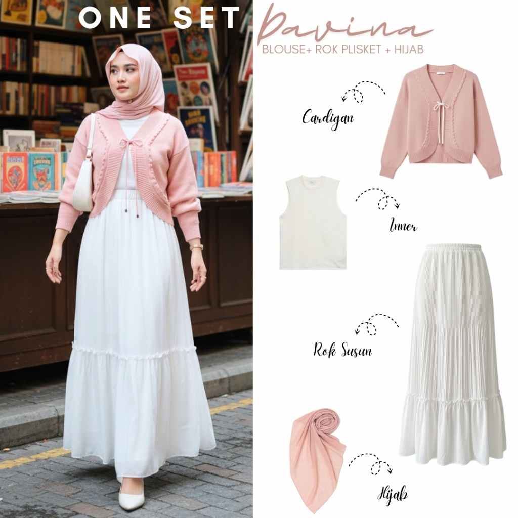 Oneset Hijab Korean Style ( Cardigan Bolero Rajut Tali Dusty Pink + Rok Susun Ruffle Putih + Inner M