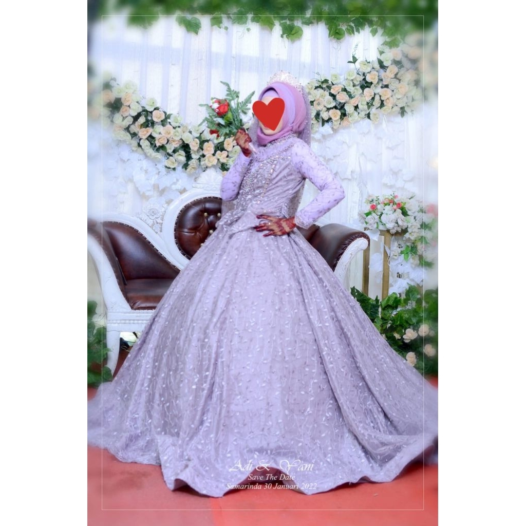 gaun pengantin ungu taro preloved