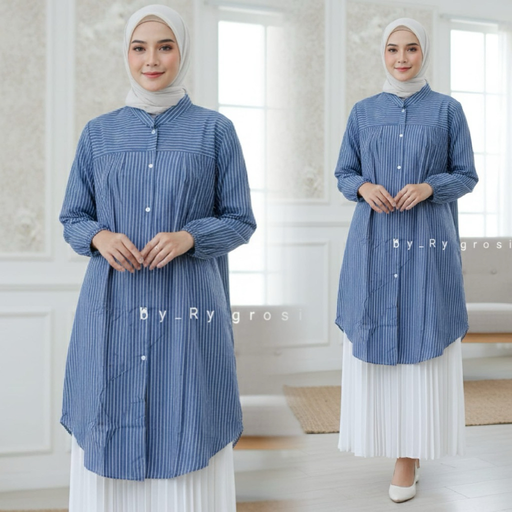 Setelan Wanita Tunik Salur Dan Rok Plisket Polos Panjang Kekinian