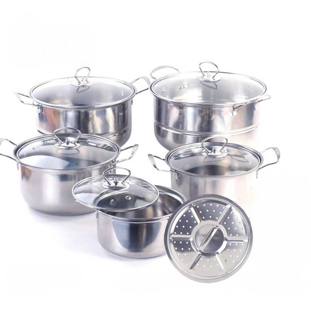 High Pot Set 5 In 1 - Panci Set Steamer Stainless Tutup Kaca - Panci Set Serbaguna
