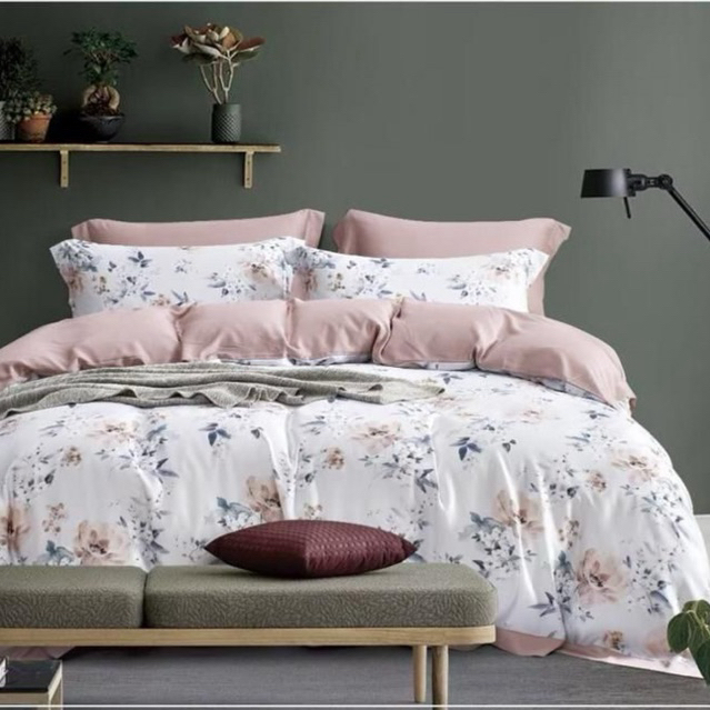 BIOSIBEDDING Sprei Bedcover Sutra 100s Motif BungaPink Abu Minimalis - Sprei Quilt Cover Duvet Cover