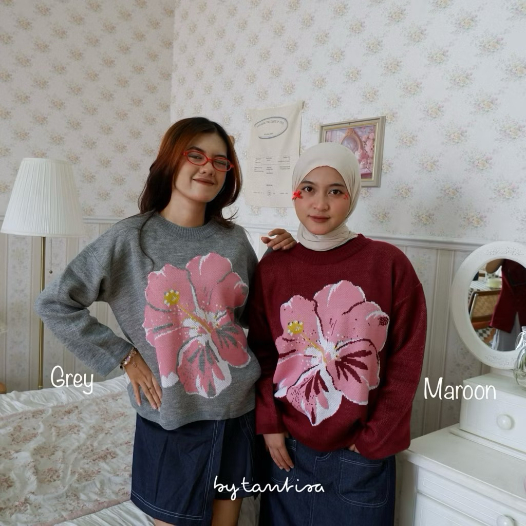 Sweater Rajut Wanita Bunga Ganeva Premium / Sweater Rajut Oversize Premium Motif Bunga Ganeva Bytant