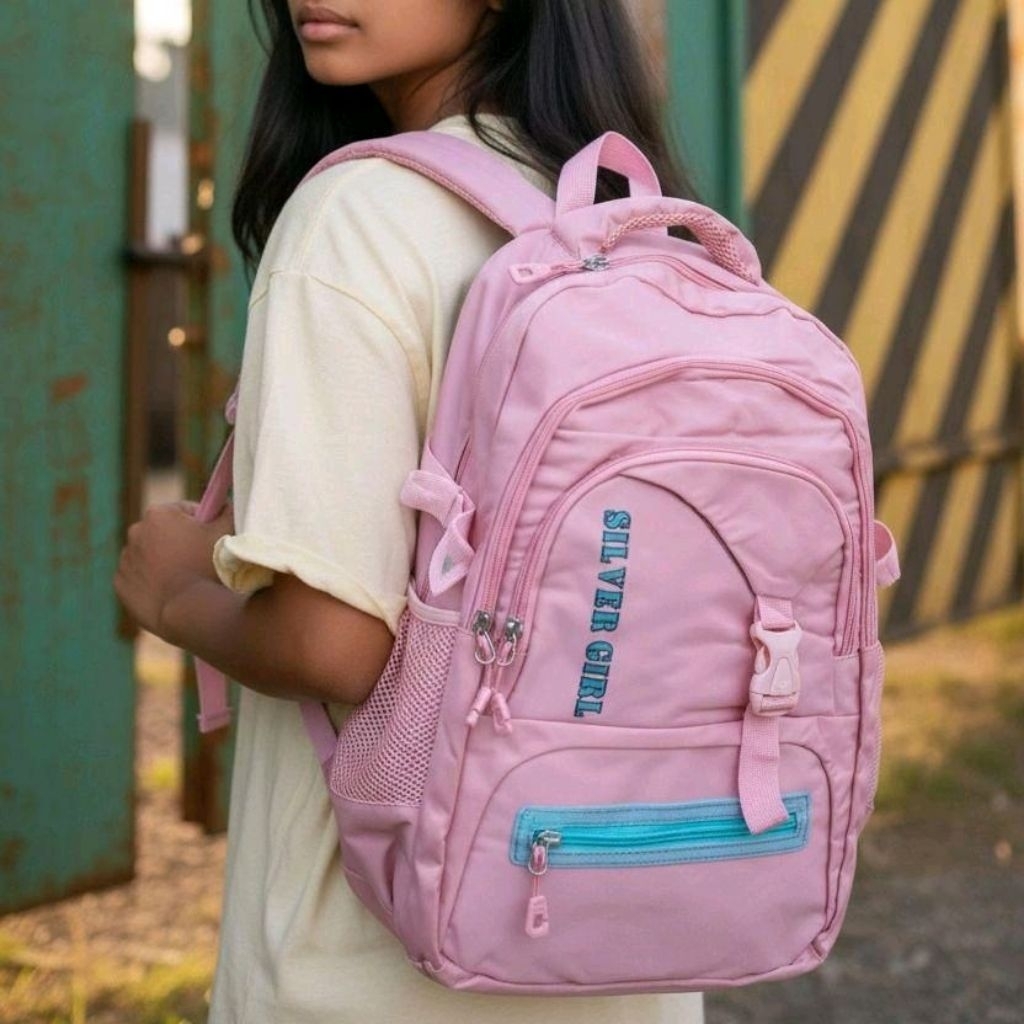 tas wanita tas ransel backpack anak sekolah cewek silver girl tas perempuan anti air