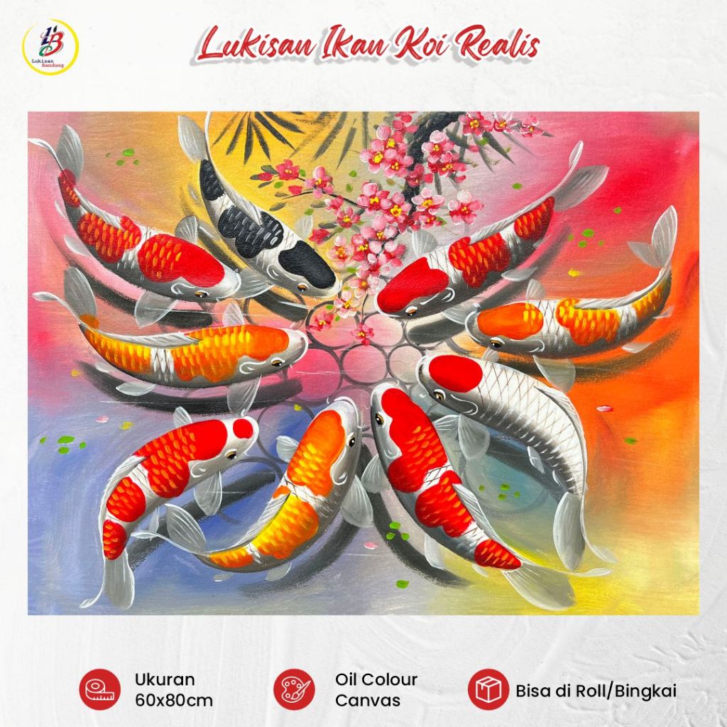Lukisan Bandung Ready Lukisan Ikan Koi 9 Ekor Sakura 60x80cm Lukisan Kanvas Dinding Fengshui