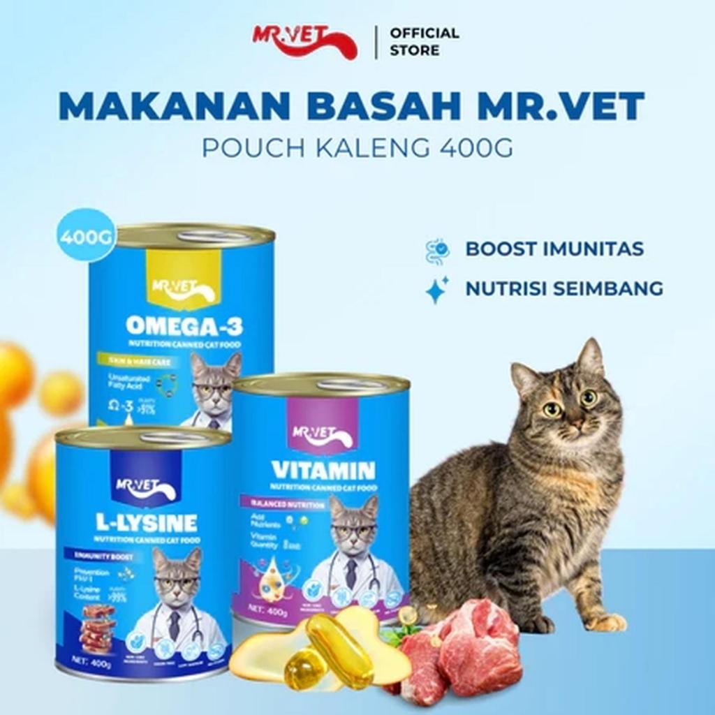 MR. VET Cat Kaleng Makanan Basah 400g Vitamin Lysine Omega 3 Kucing Dewasa