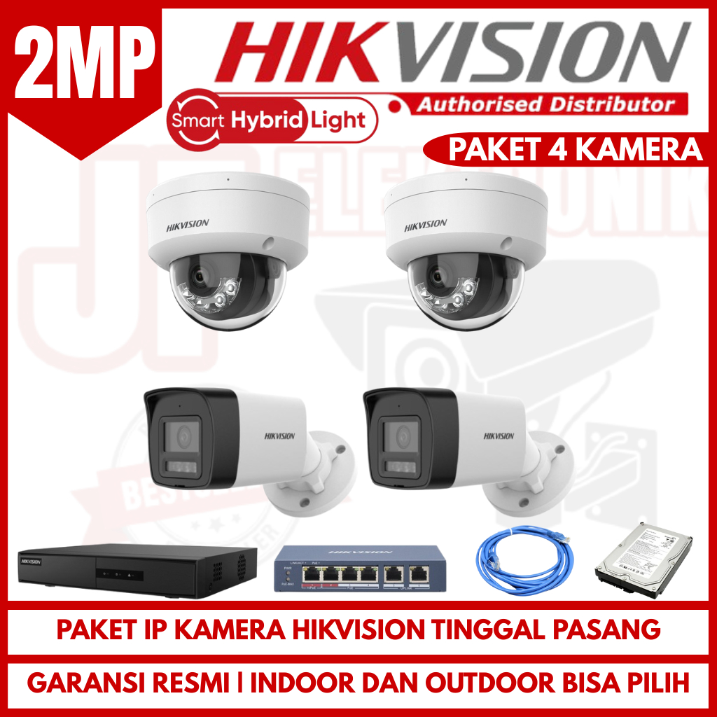 PAKET IP KAMERA HIKVISION 2MP 4 CHANNEL 4 KAMERA  TINGGAL PASANG
