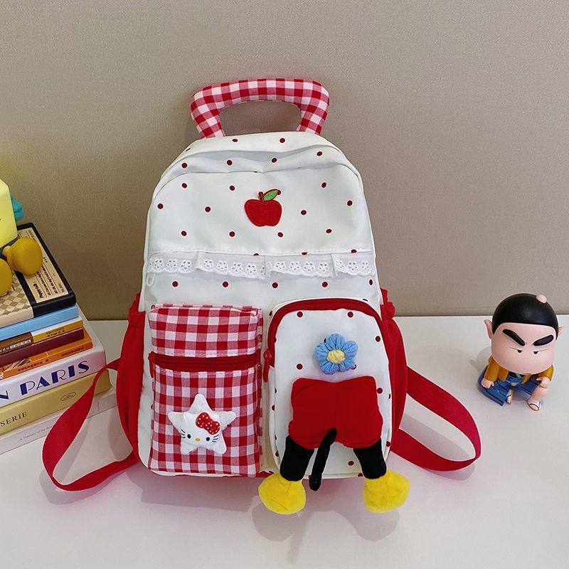 Tas Ransel Korea Kotak-Kotak Motif Kucing Lucu/Tas Sekolah ins Wanita Siswa Perempuan/Backpack Renda