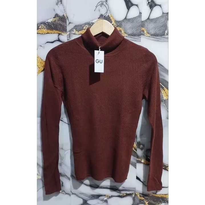 GU UNIQLO INNER RAJUT LIDI PRESSBODY TURTLENECK COKLAT MAHOGANY