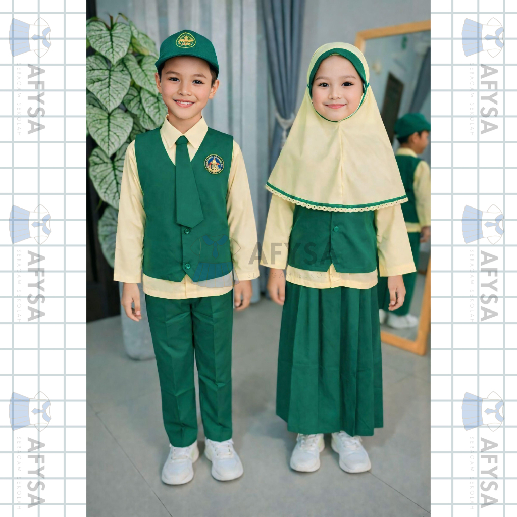 Seragam Sekolah Anak TK Hijau Muhammadiyah Krem Panjang - Baju TK Nasional