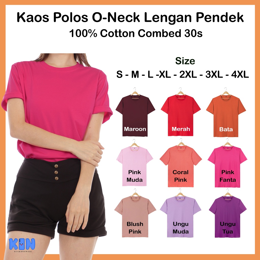 Kaos Polos Wanita O-Neck Lengan Pendek Soft Cotton Combed 30s Warna Merah Maroon Pink Ungu Muda Tua 