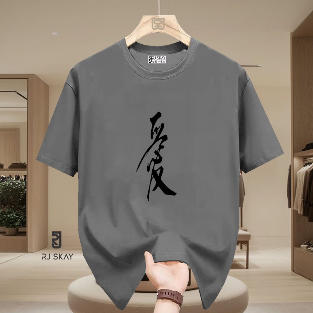 RJ SKAY Kaos Distro Tulisan Jepang Text Hitam T- Shrit Baju Unisex Lengan Pendek