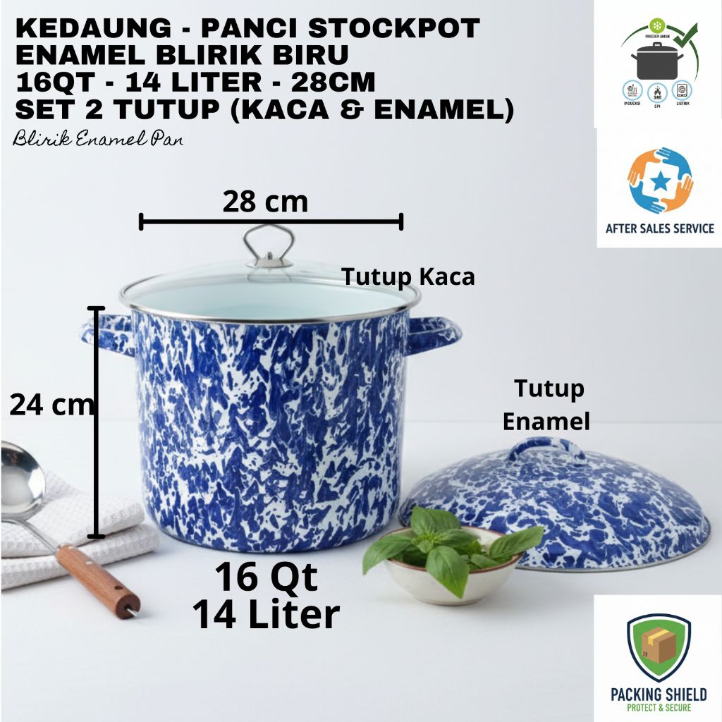Kedaung - Panci Stockpot Enamel Blirik Biru 14 Liter 28cm - Set 2 Tutup (Kaca & Enamel) Anti Karat -