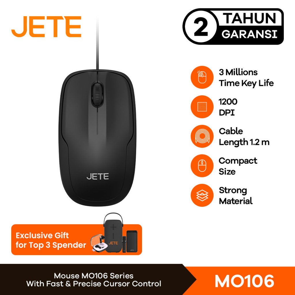 JETE MO106 Mouse Kabel 1200 DPI Wired Optical Mouse Cable USB PC Laptop Non Slip Scroll