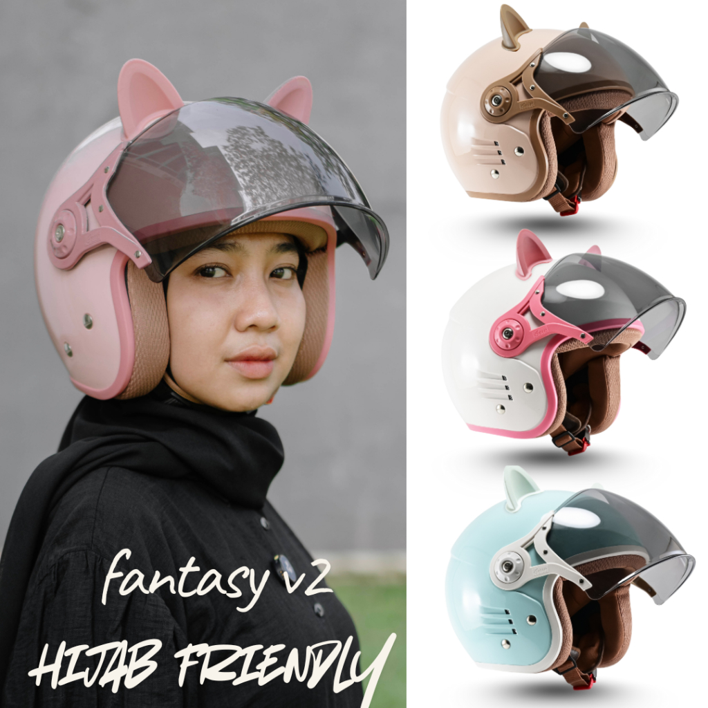Helm Bipplast Bogo Retro Solid Pastel Kaca Pilot Full face Keren dengan Kuping Kucing Lucu SNI