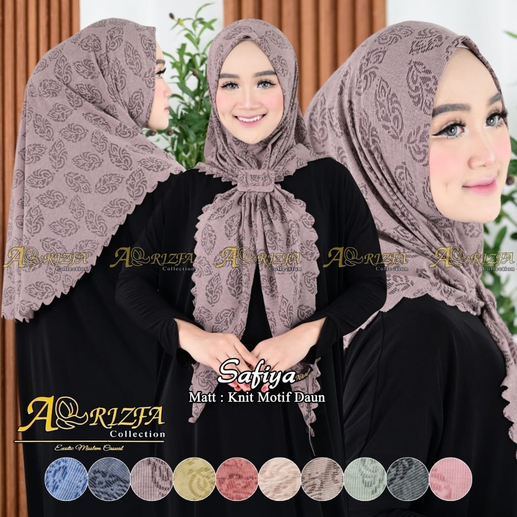 (AR-RIZFA) SAFIYA•hijab segitiga instan malay motif•hijab knit motif daun•jilbab segitiga soft pad•s