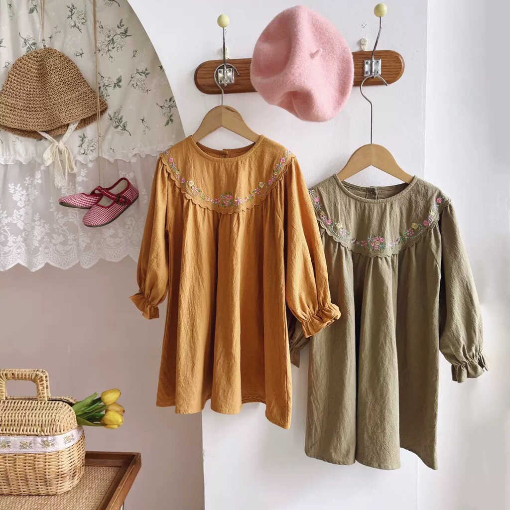 Kejora - Chira dress anak perempuan lebaran terusan lengan panjang hijau coklat cewe korea style